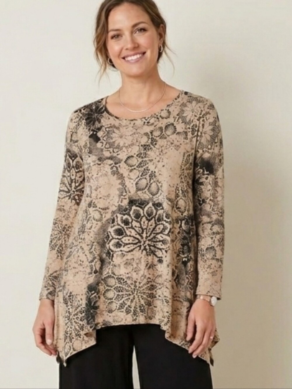 Peruvian Connection Tunic Top Size XS / S Khaki Black Lace Print Oversize Flowy
